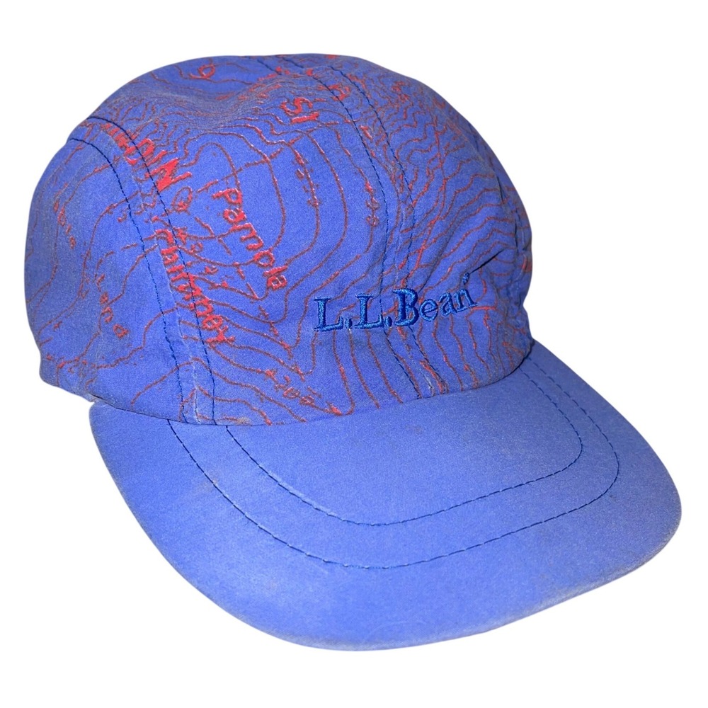 Vintage LL Bean Kids Topographic Map 5 Panel Hat Blue Red Made in USA Bula Strap